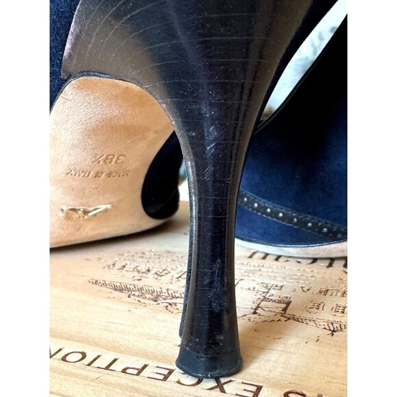 Alexandra Neel Royal Navy Blue Suede Leather Pointy Heels Size IT 38.5 = US 7.5 - Picture 12 of 12